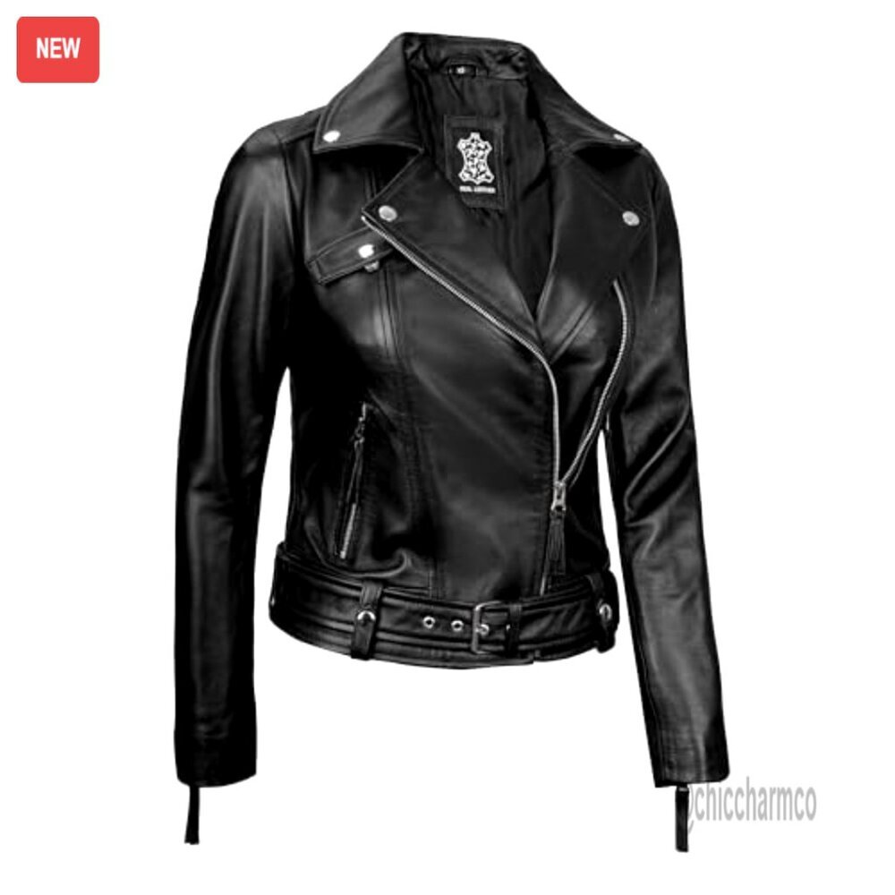 Real Lambskin Leather Jacket for Women, Asymmetrical Style with Adjustable Belt - Picture 3 of 5